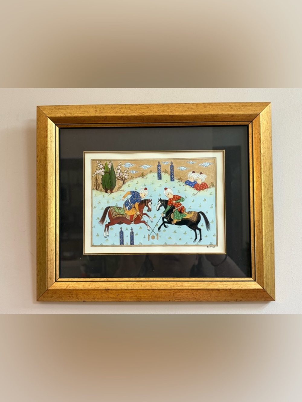 Bedriye Signed Vintage Persian Polo Match Painting Artwork Gilt Wood Framed Art